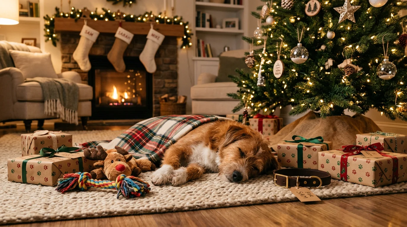 Cozy holiday living room: a medium-sized mixed-breed dog sleeping on a woven rug beside a decorated Christmas tree; around the dog are neatly wrapped