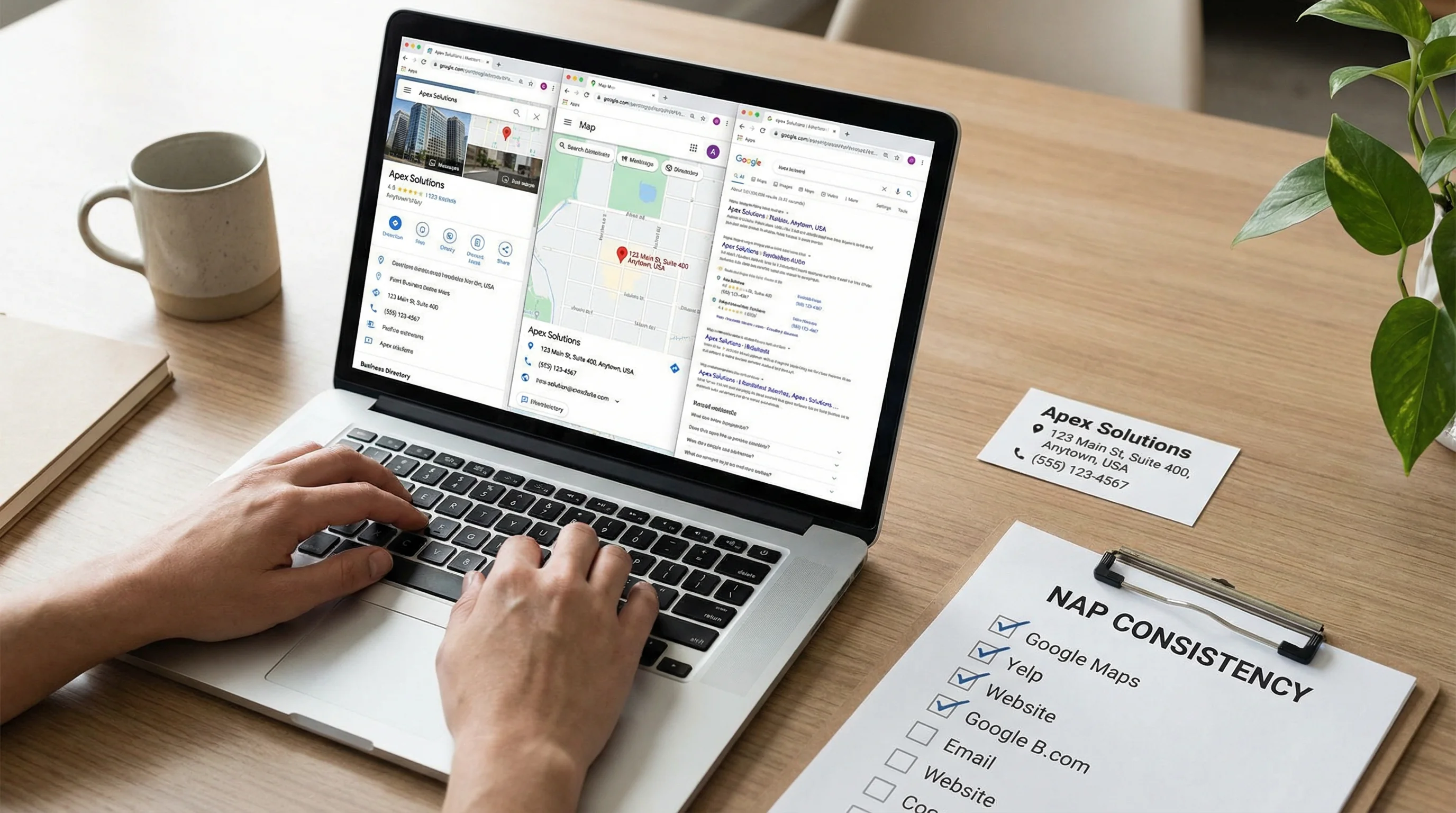 Overhead desk scene with a laptop open to multiple business directory pages and map apps showing consistent business name, address, and phone details;