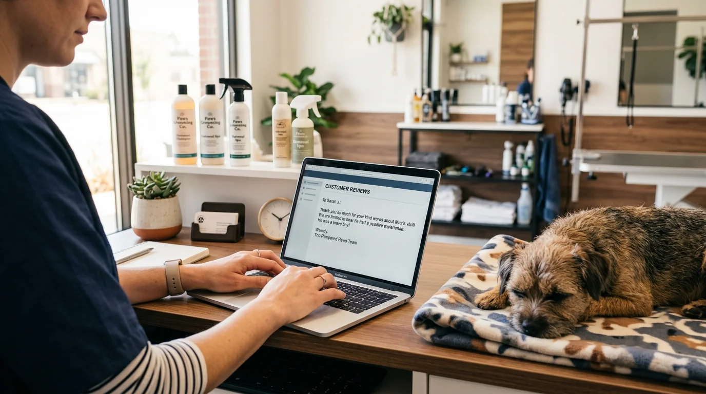 Inside a clean, modern pet grooming salon, a groomer’s hands typing a thoughtful reply to a customer review on a laptop at the front desk; a small ter