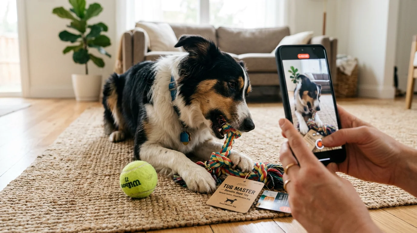 In a bright living room, a medium-sized adult border collie vigorously chewing a durable rope toy beside a standard tennis ball for scale, while a pai