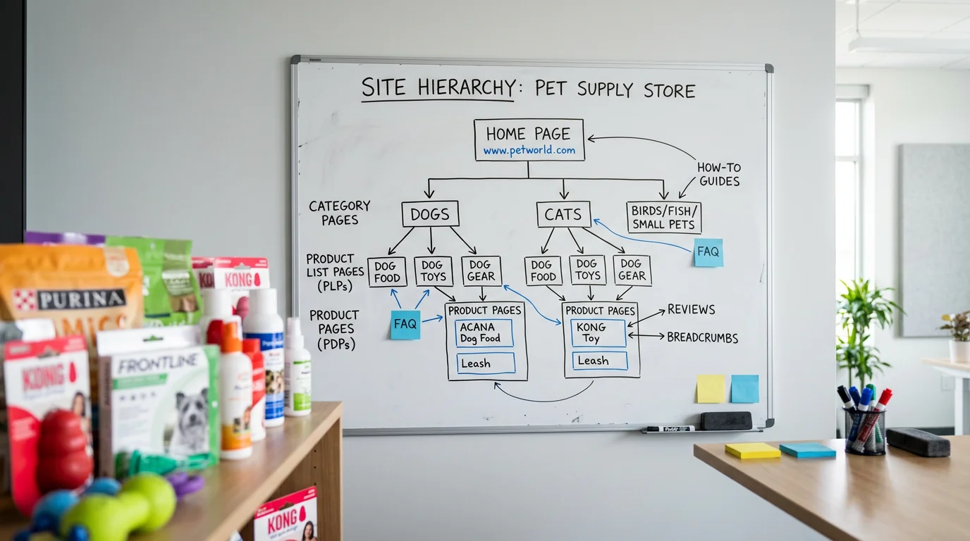 Straight-on photograph of a wall whiteboard sketched with a simple site hierarchy: home page leading to pet category pages, product list pages, and pr