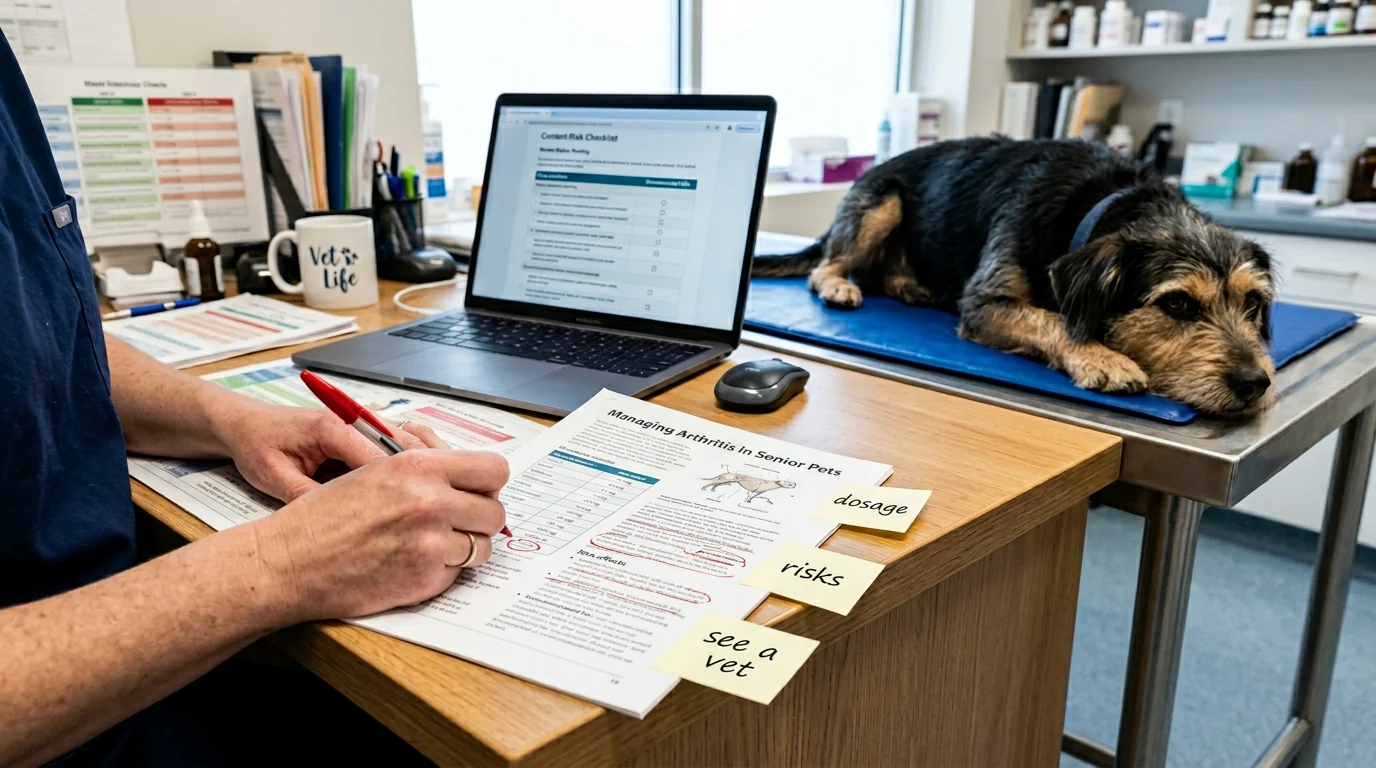 Veterinary clinic desk scene: close-up of a veterinarian’s hands marking a printed pet health article with a red pen, highlighted sections and sticky