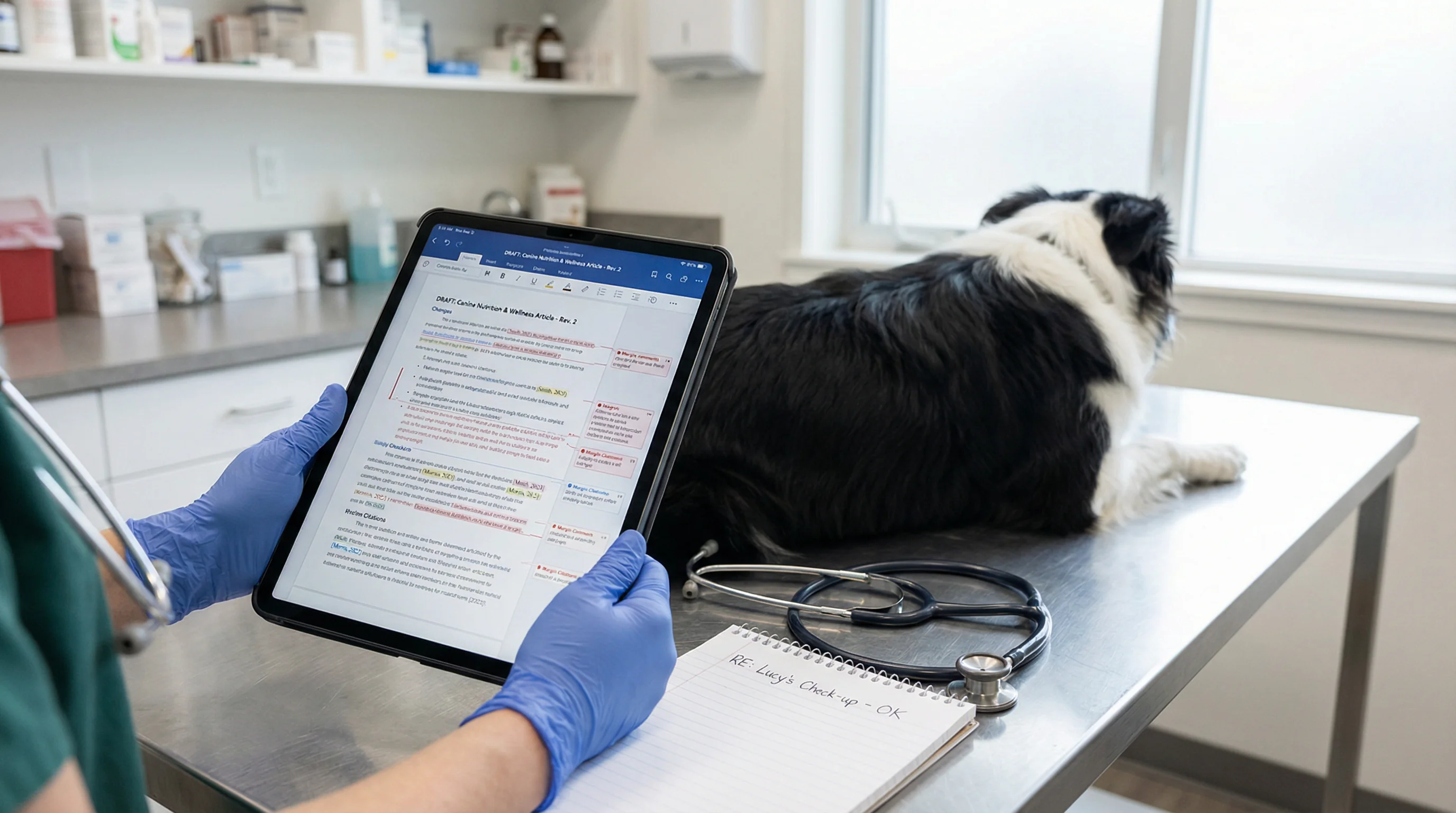 Clinical scene without faces: a veterinarian’s gloved hands holding a tablet that displays a draft pet health article with tracked changes and inline