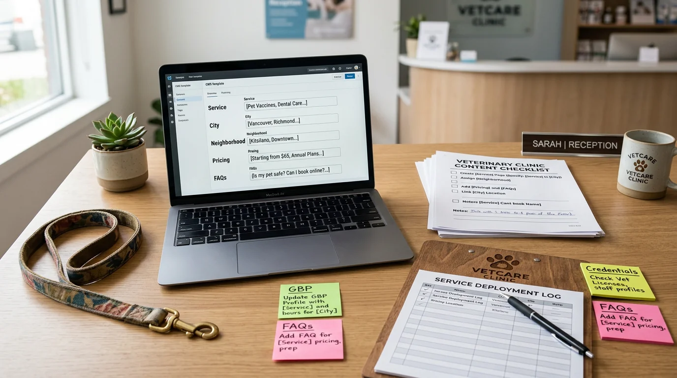 Overhead shot of a veterinary clinic desk with a laptop open to a CMS template editor showing fields for Service, City, Neighborhood, Pricing, and FAQ