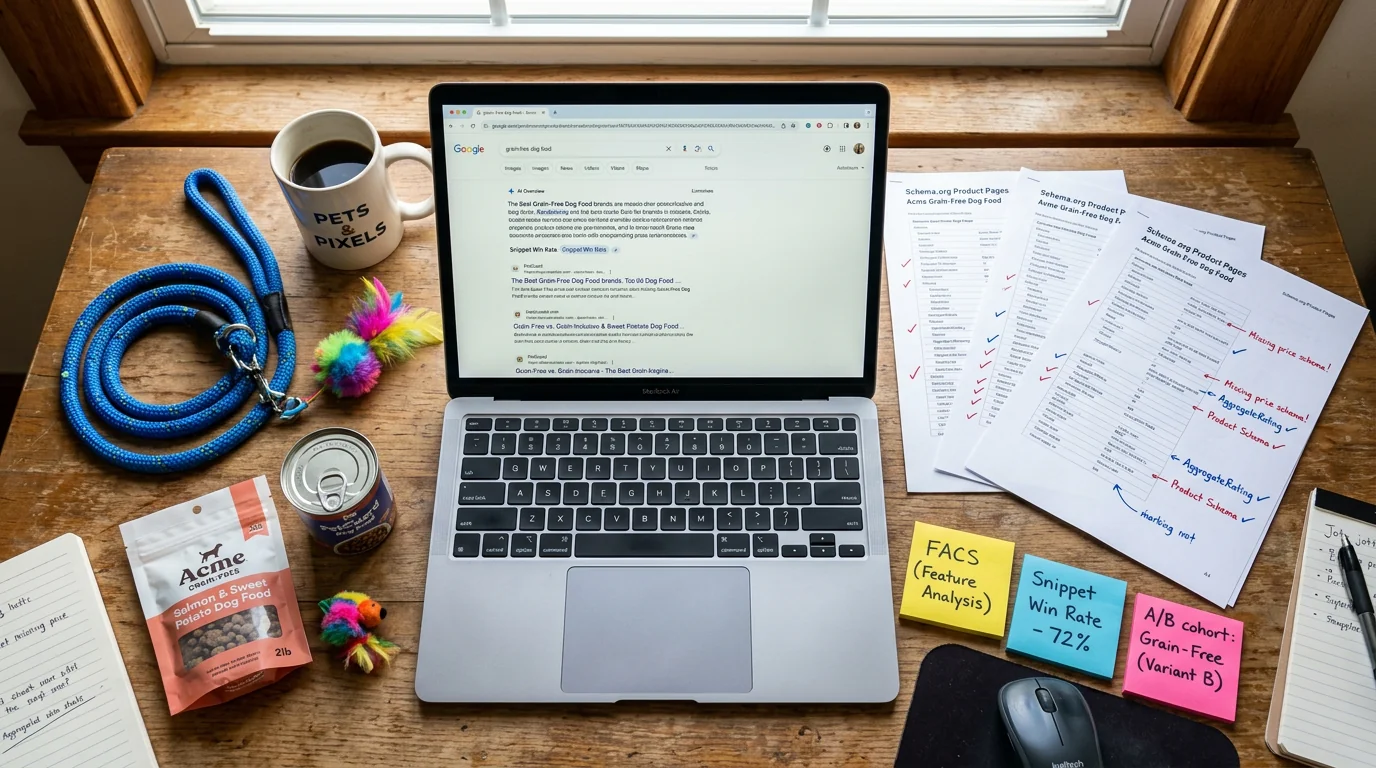 Overhead view of a pet-brand eCommerce workspace: a laptop showing a Google results page with AI Overview and snippets for 'grain-free dog food', prin